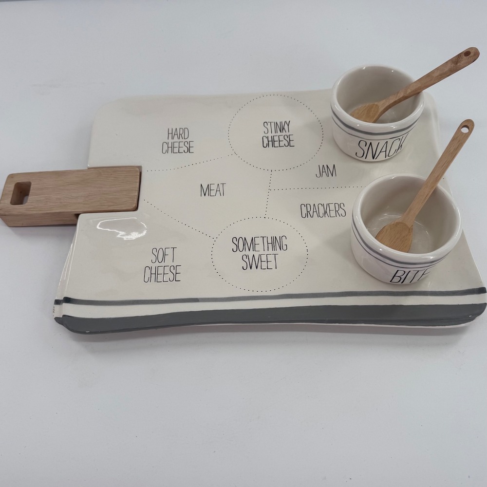 Mud Pie Ceramic Charcuterie Board‎ Set with Bowls and Wooden Spoons Cream